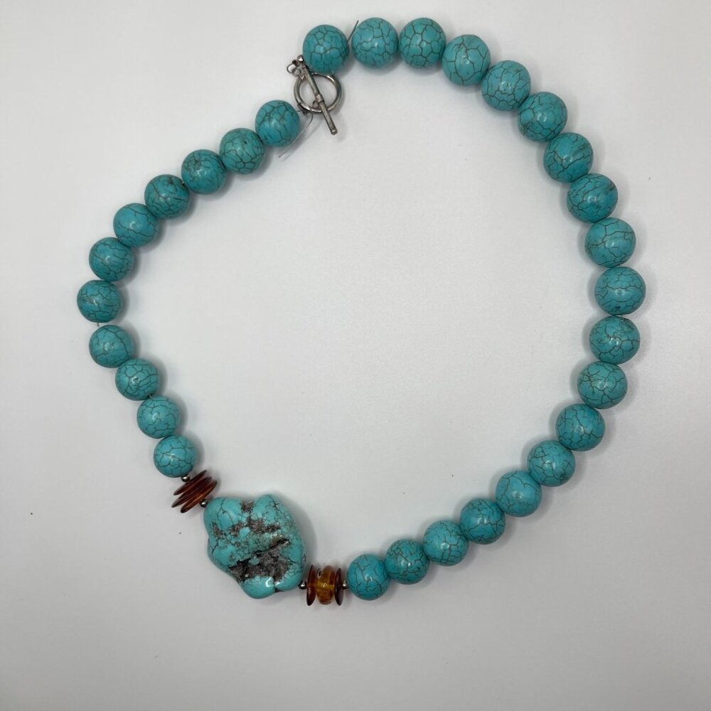 Turquoise Beaded Necklace Amber Accents & Toggle‎ Clasp